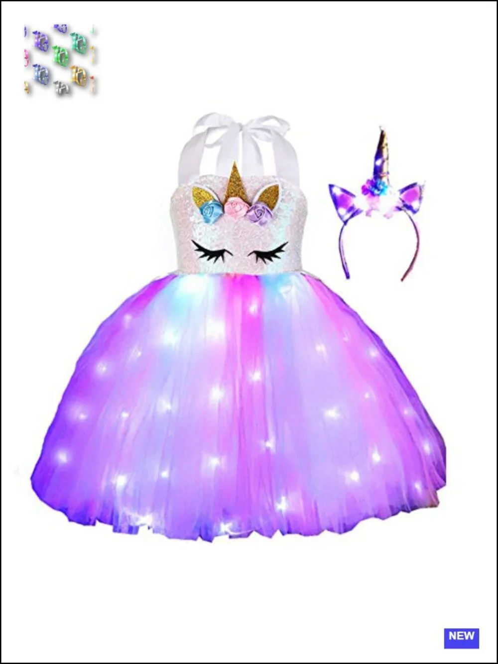 Girls LED Light Up Unicorn Costume Dress with Wings Tutu Halloween Cosplay